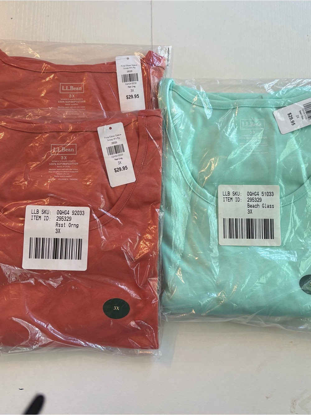 L.L. Bean Coral and Sea Green Supima Cotton Elbow Sleeve Tee Shirts